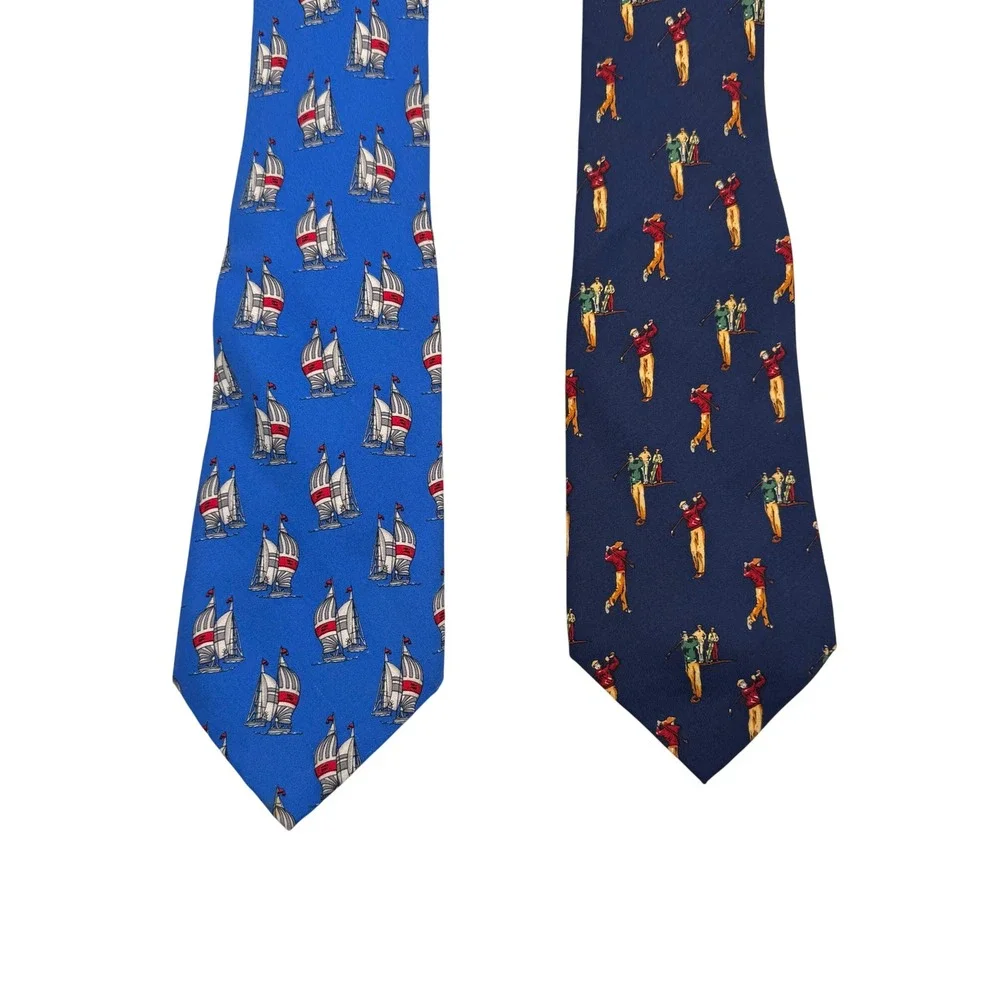 Vintage Polo Ralph Lauren Silk Tie Lot 2‎ Sailboat Golf Navy Blue Mens Neckties